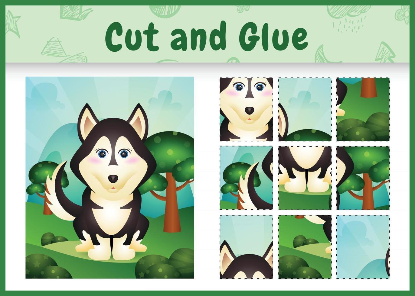 Children board game cut and glue with a cute husky dog vector