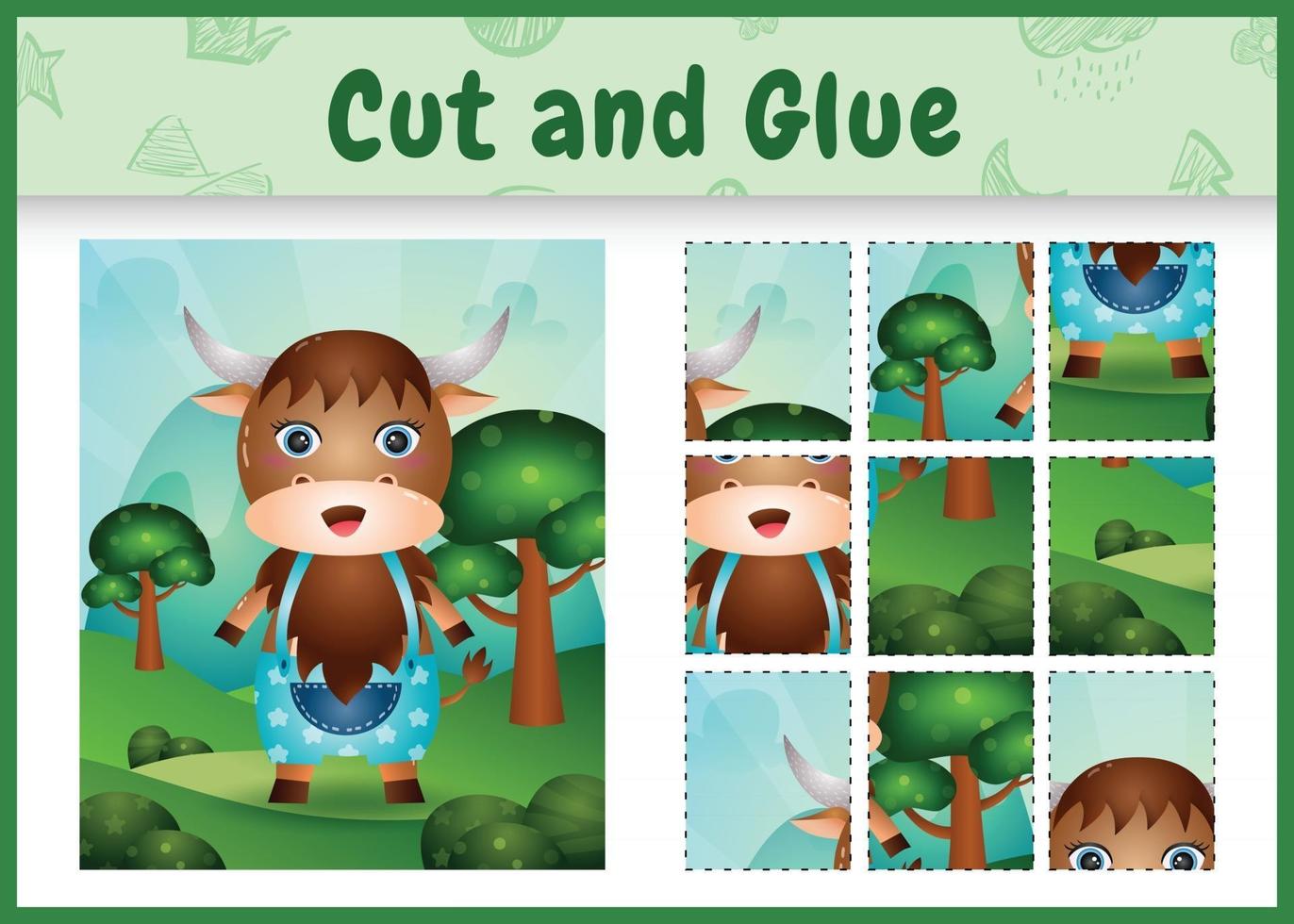 Children board game cut and glue with a cute buffalo using pants vector
