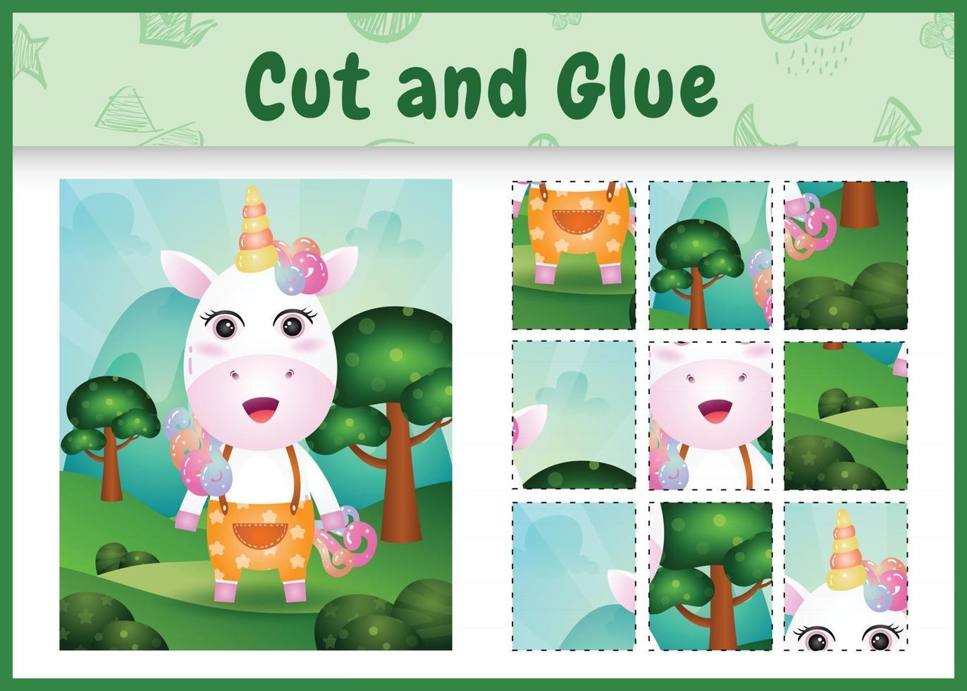 Children board game cut and glue with a cute unicorn using pants vector