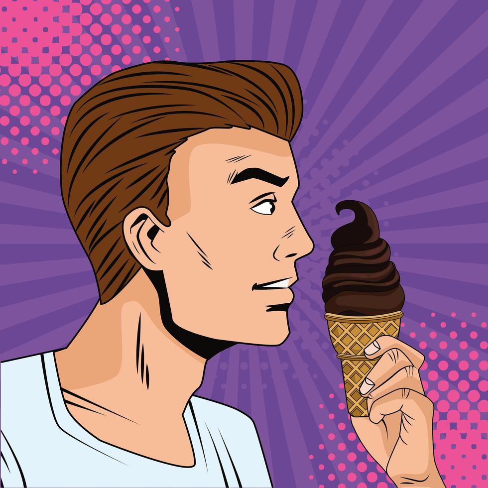 young man eating ice cream pop art style vector