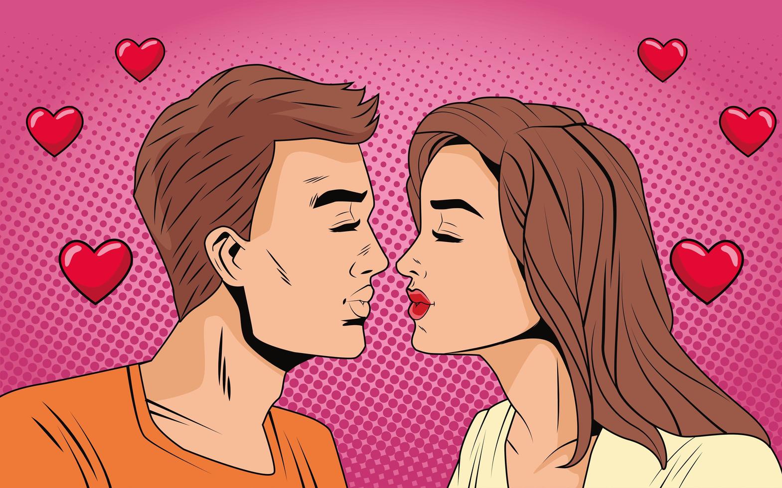 pareja joven, besar, con, corazones, caracteres, arte pop, estilo vector