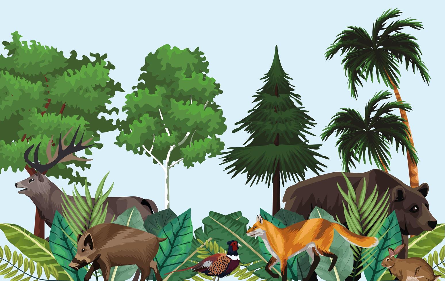 group of animals in the jungle scene vector