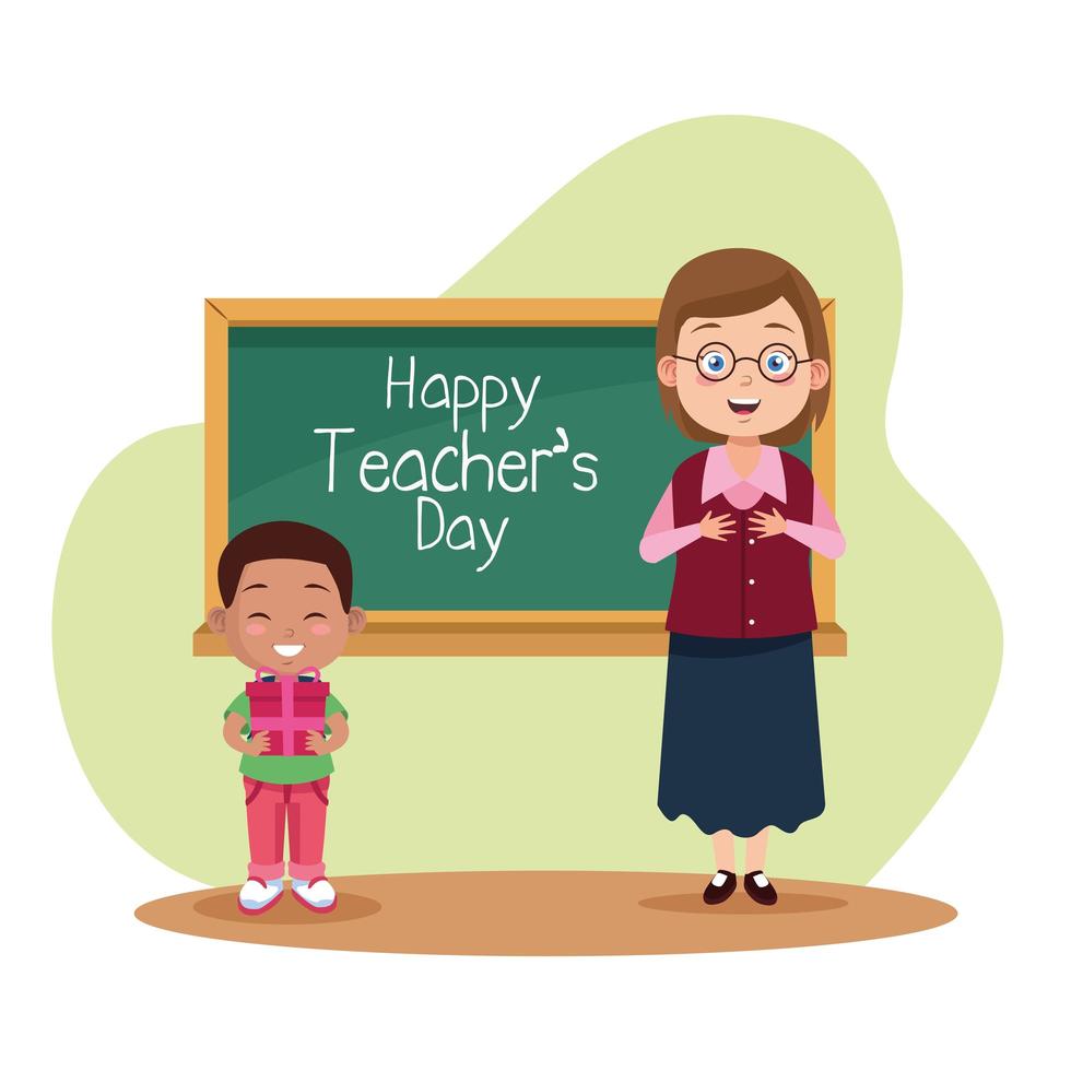 happy teachers day scene with teacher and schoolboy in classroom vector