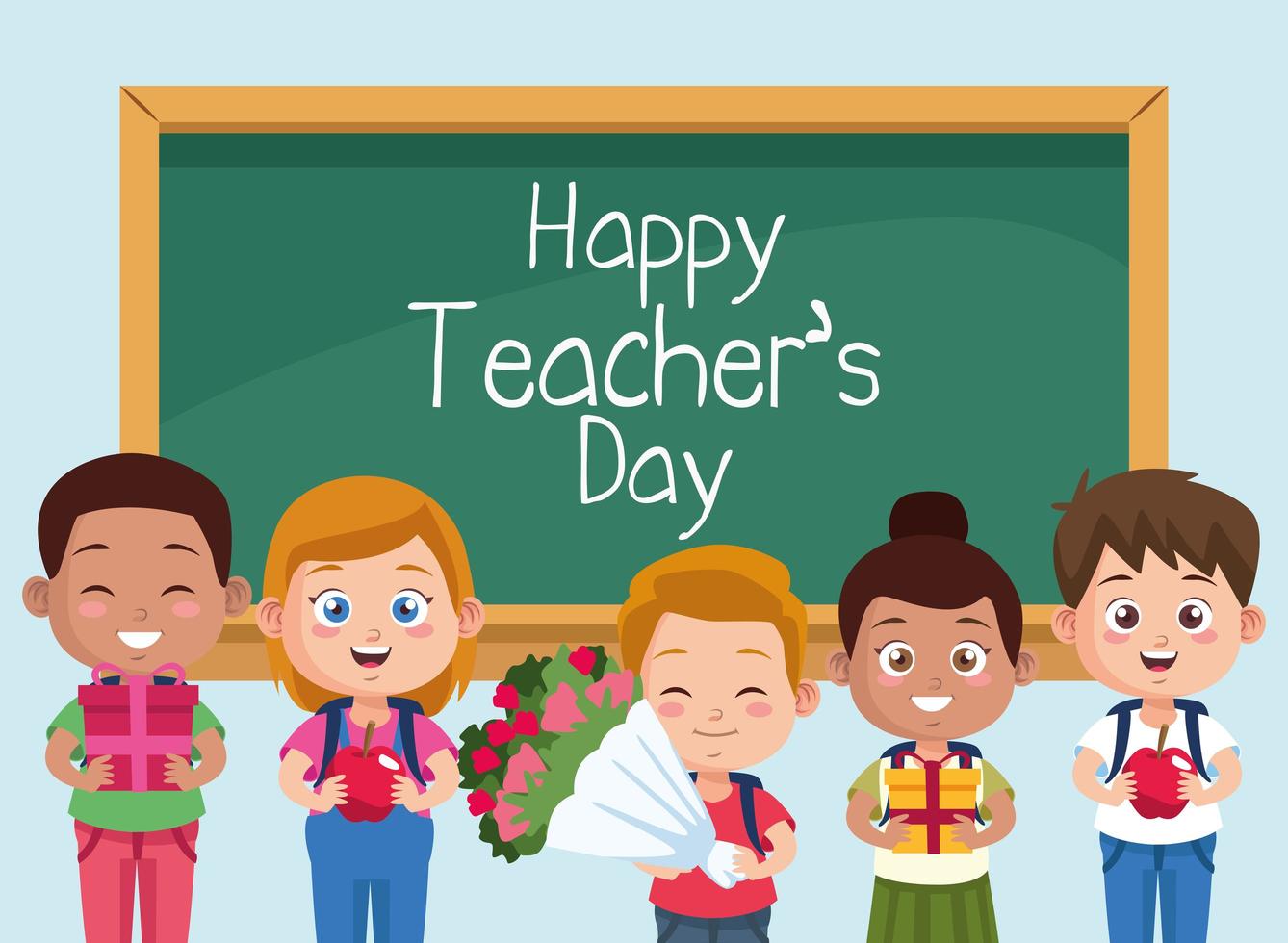 happy teachers day scene with students kids in classroom vector