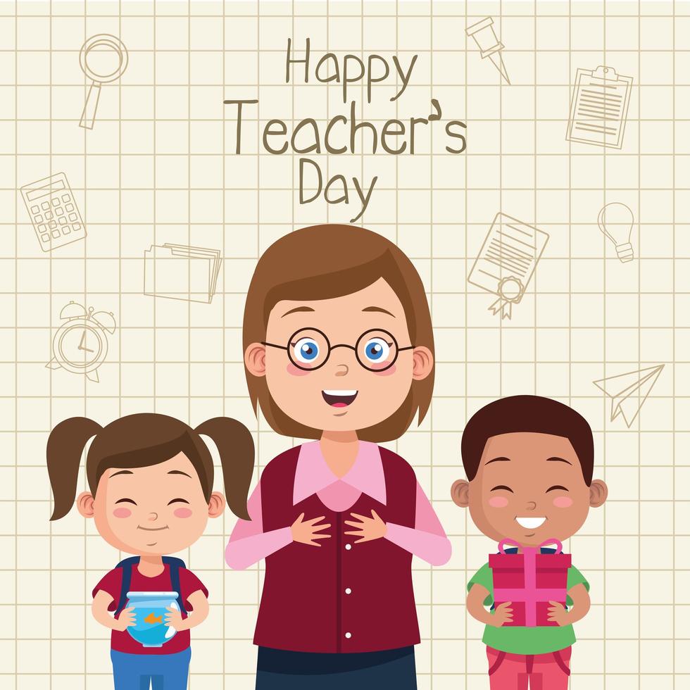 happy teachers day scene with teacher and students couple vector