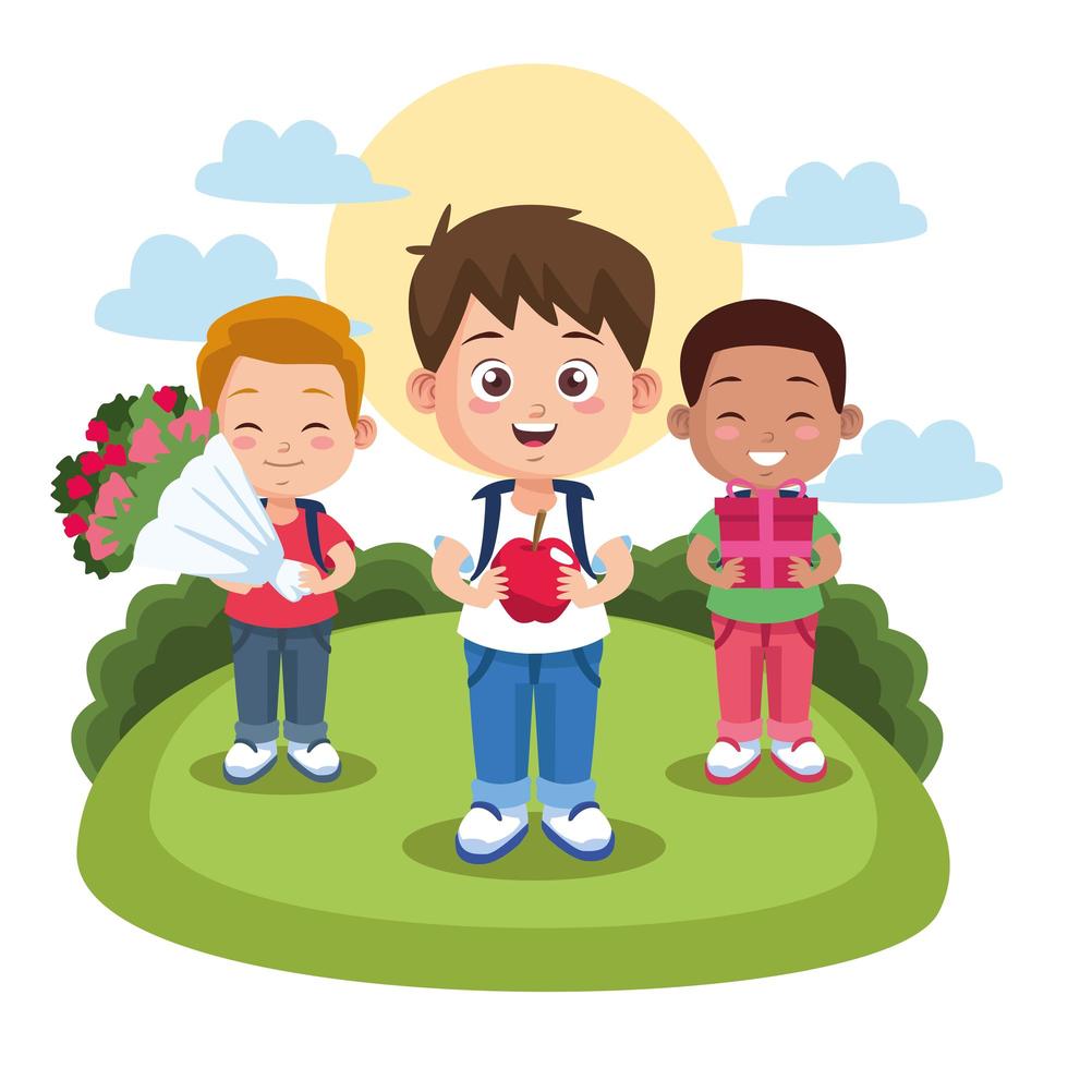 happy teachers day scene with students boys with flower bouquet in the camp vector