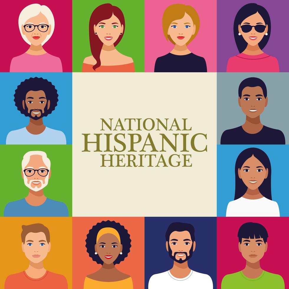 national hispanic heritage celebration lettering with group of people in square frame vector