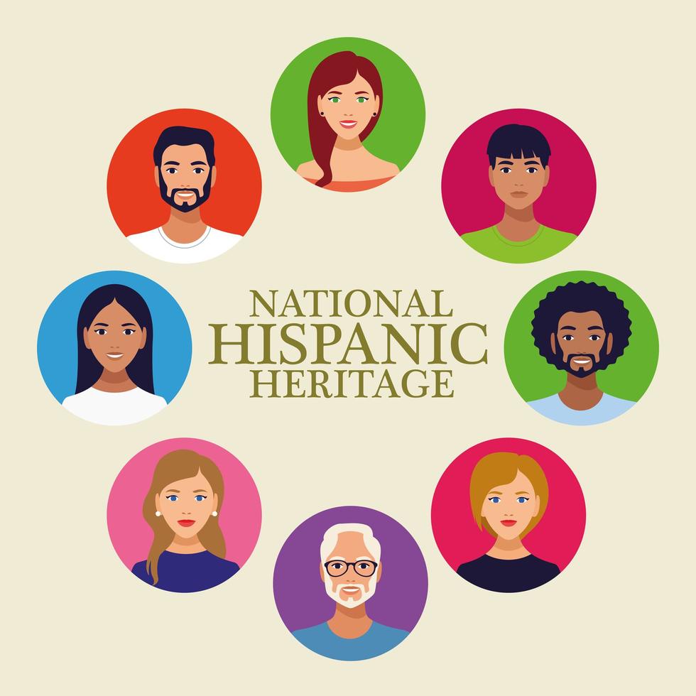 celebración de la herencia nacional hispana letras con personas en marco circular vector