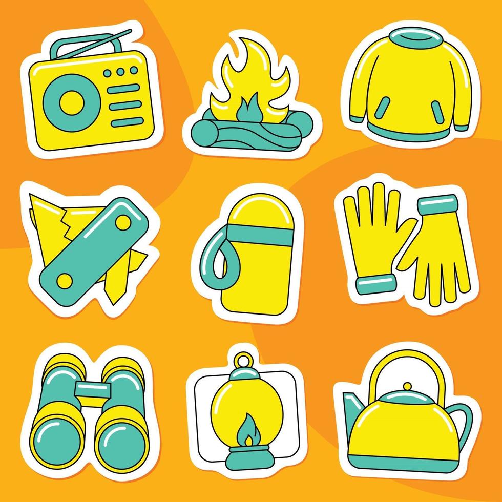 paquete de pegatinas de camping en estilo de diseño plano vector