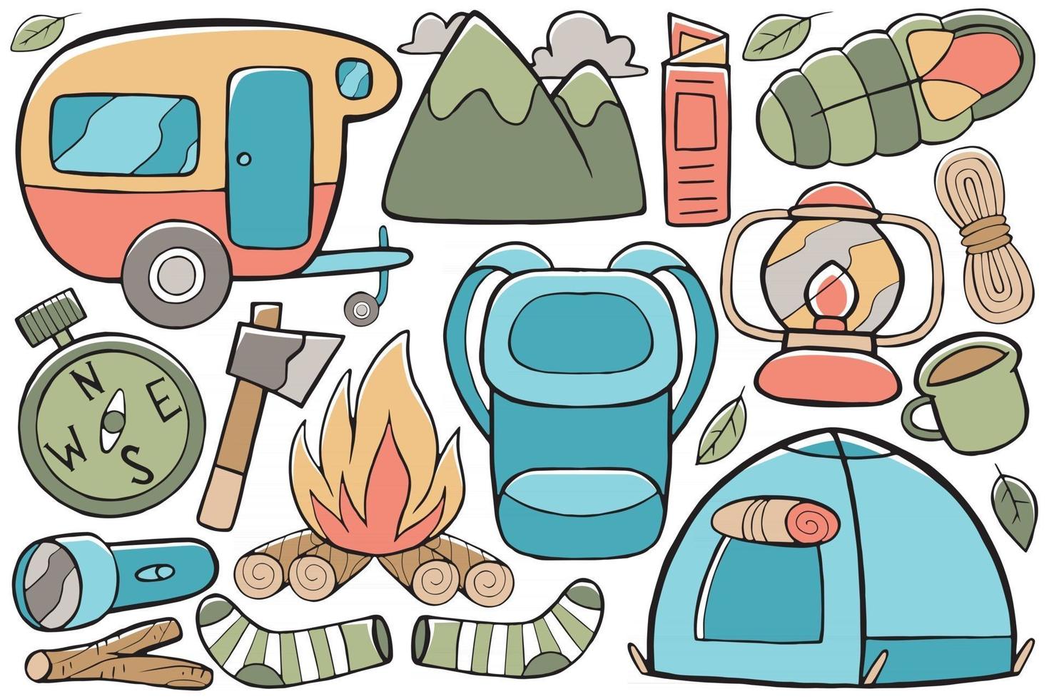 Camping Doodle Vector in Flat Design Style