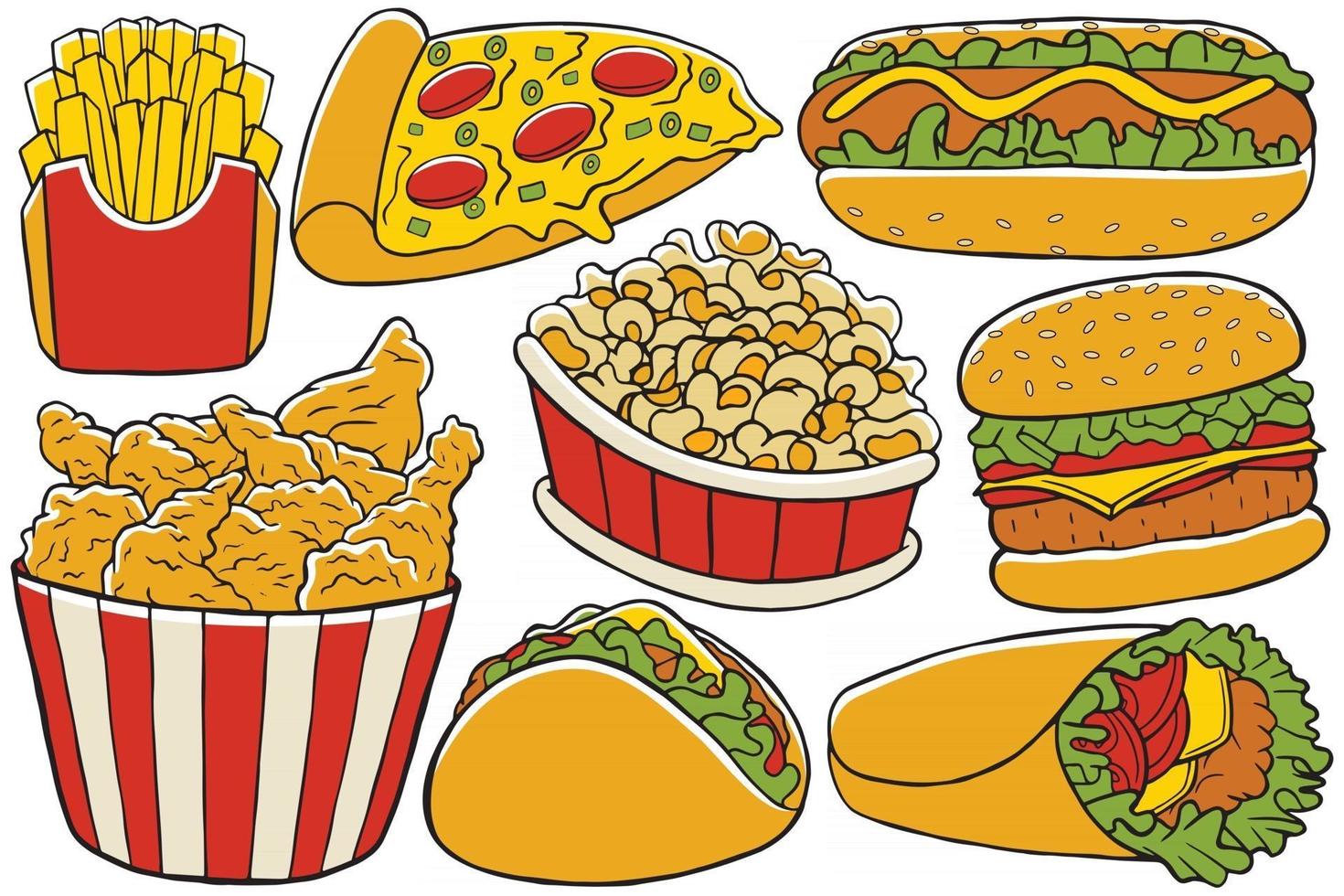 Fast Food Doodle Vector in Flat Design Style