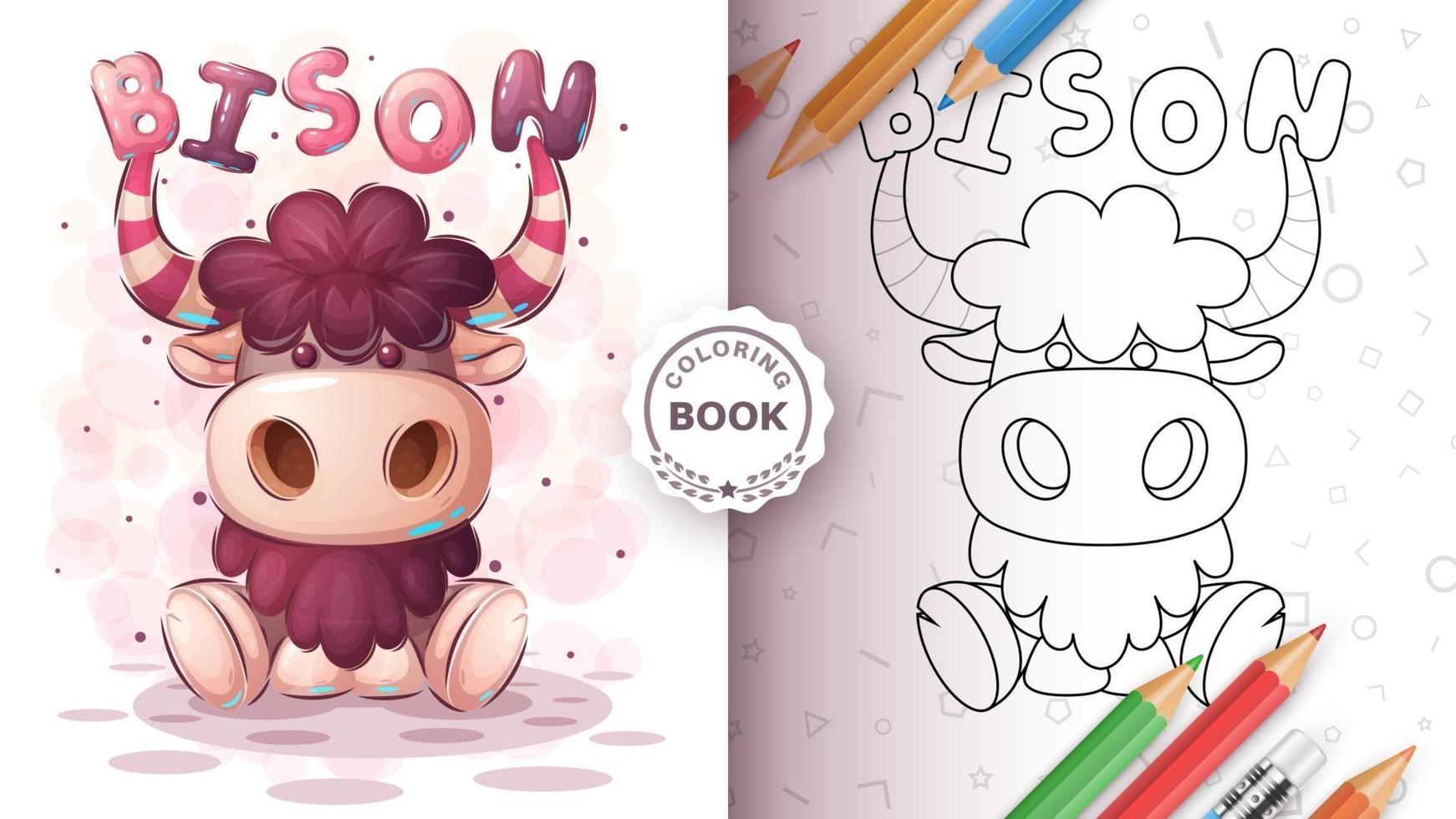 divertido, bisonte, caricatura, carácter, libro colorear vector