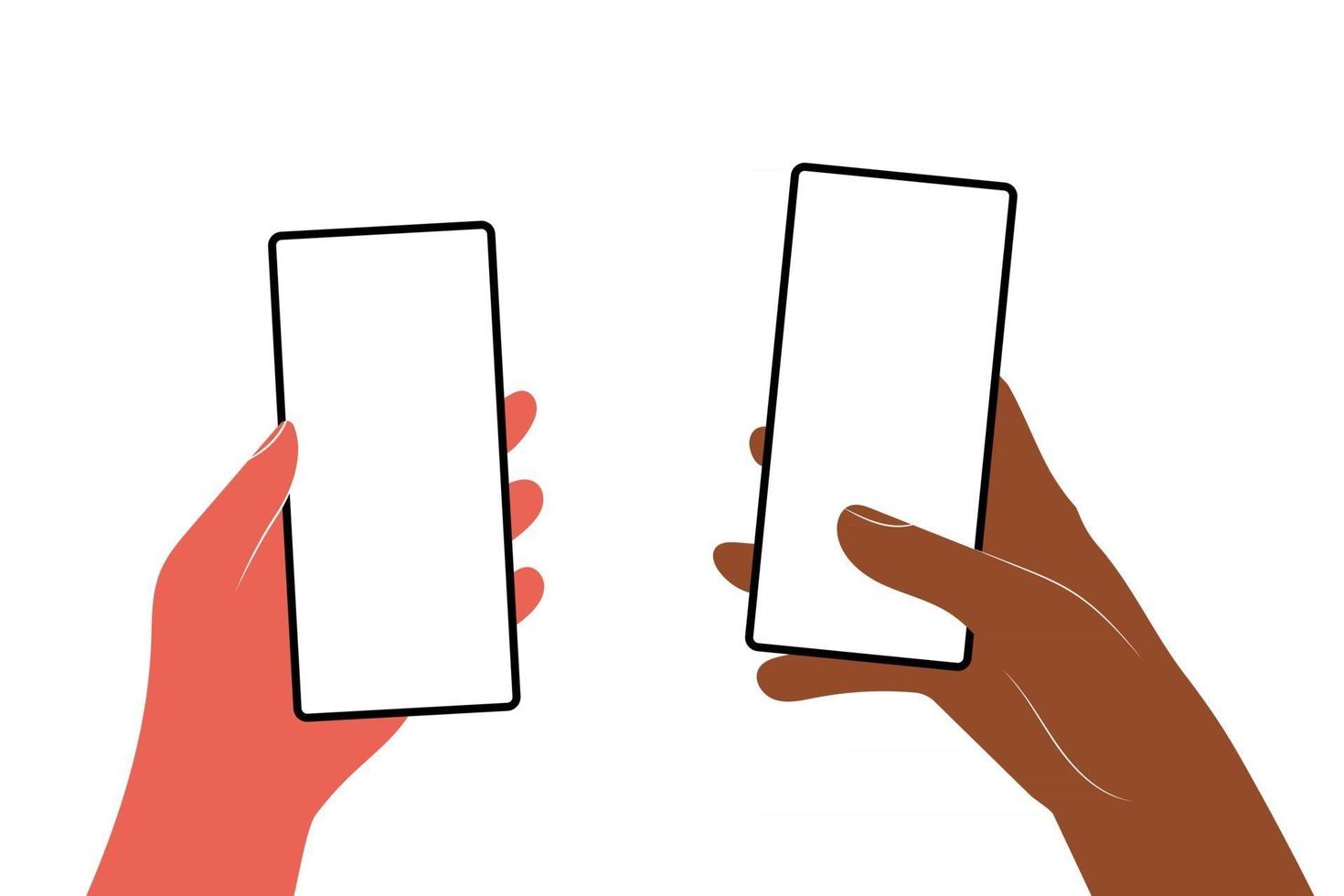 Human hands hold horizontally mobile phone with blank screen vector