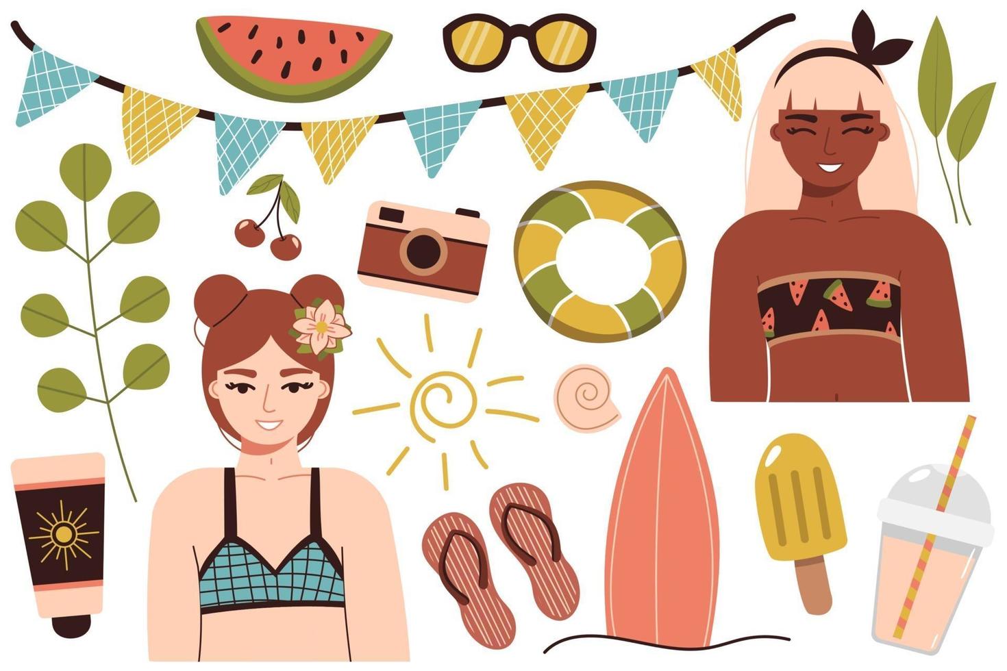 A set of summer things for the beach Travel to a sunny country Happy girl in a bikini is resting at the sea A woman in a swimsuit sunbathes and relaxes near the water vector