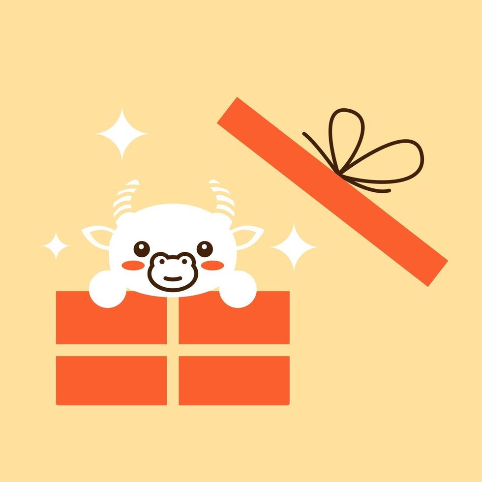 New year card Cow and gift Kawaii animal Cute cartoon character vector