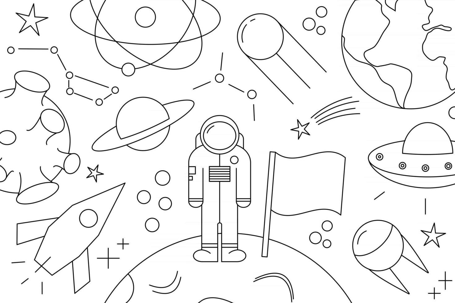Modern pattern of planet star comet with different rockets Universe line drawings Cosmos vector
