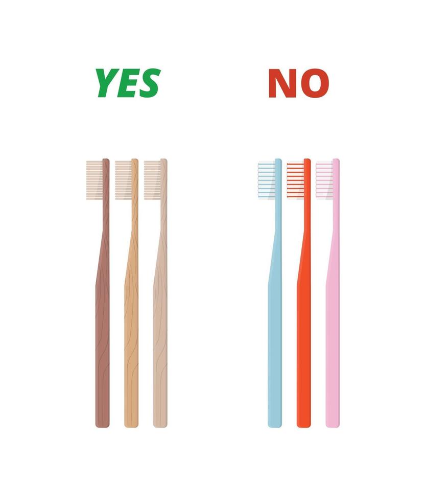 Bamboo toothbrush vs plastic toothbrushes Zero waste and eco living concept Illustration of eco natural brush in flat minimalism style vector