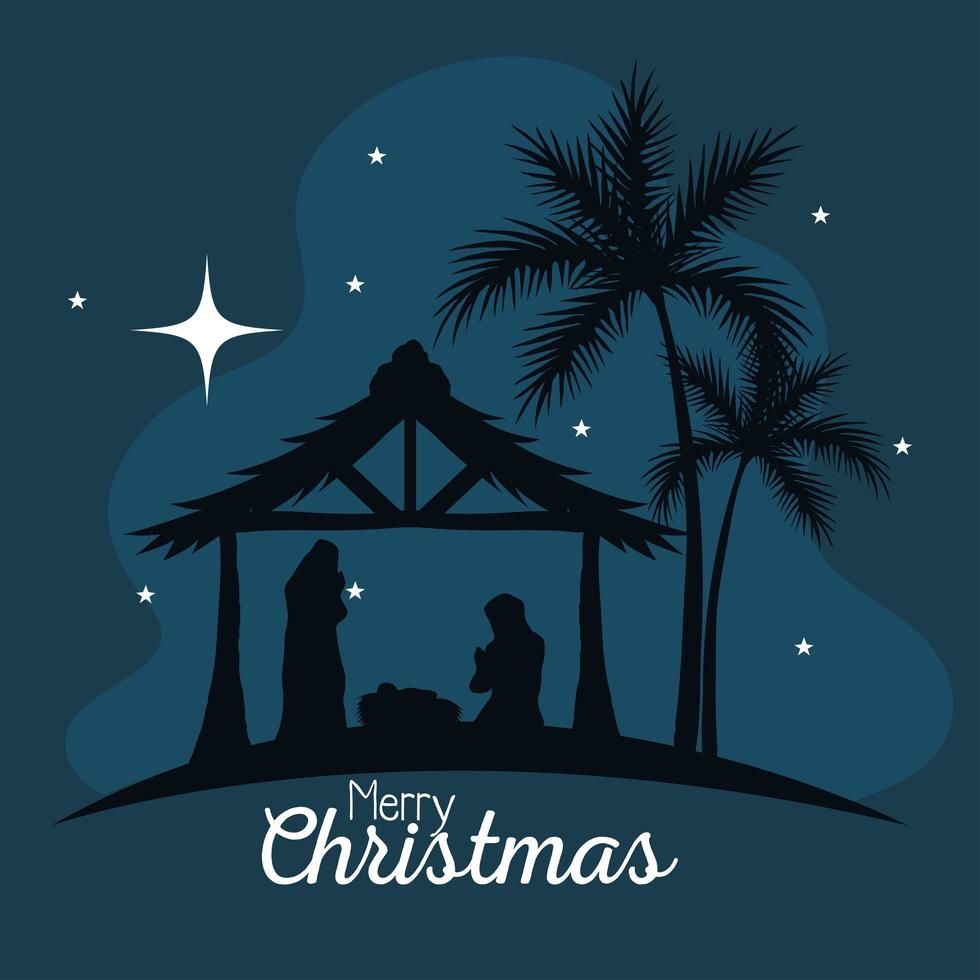 merry christmas and nativity mary joseph and baby in hut on green background vector design