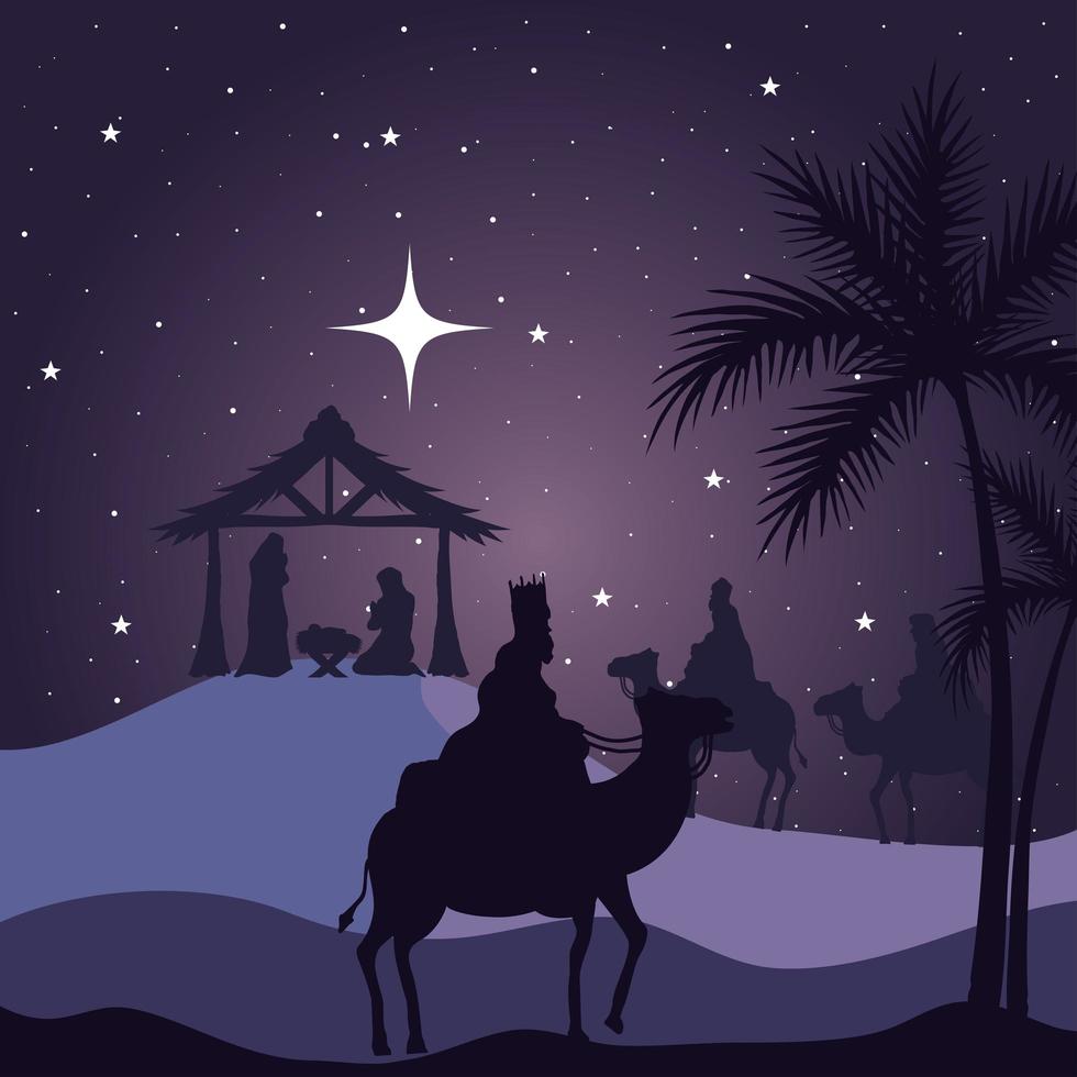 nativity mary joseph baby and wise men on purple background vector ...