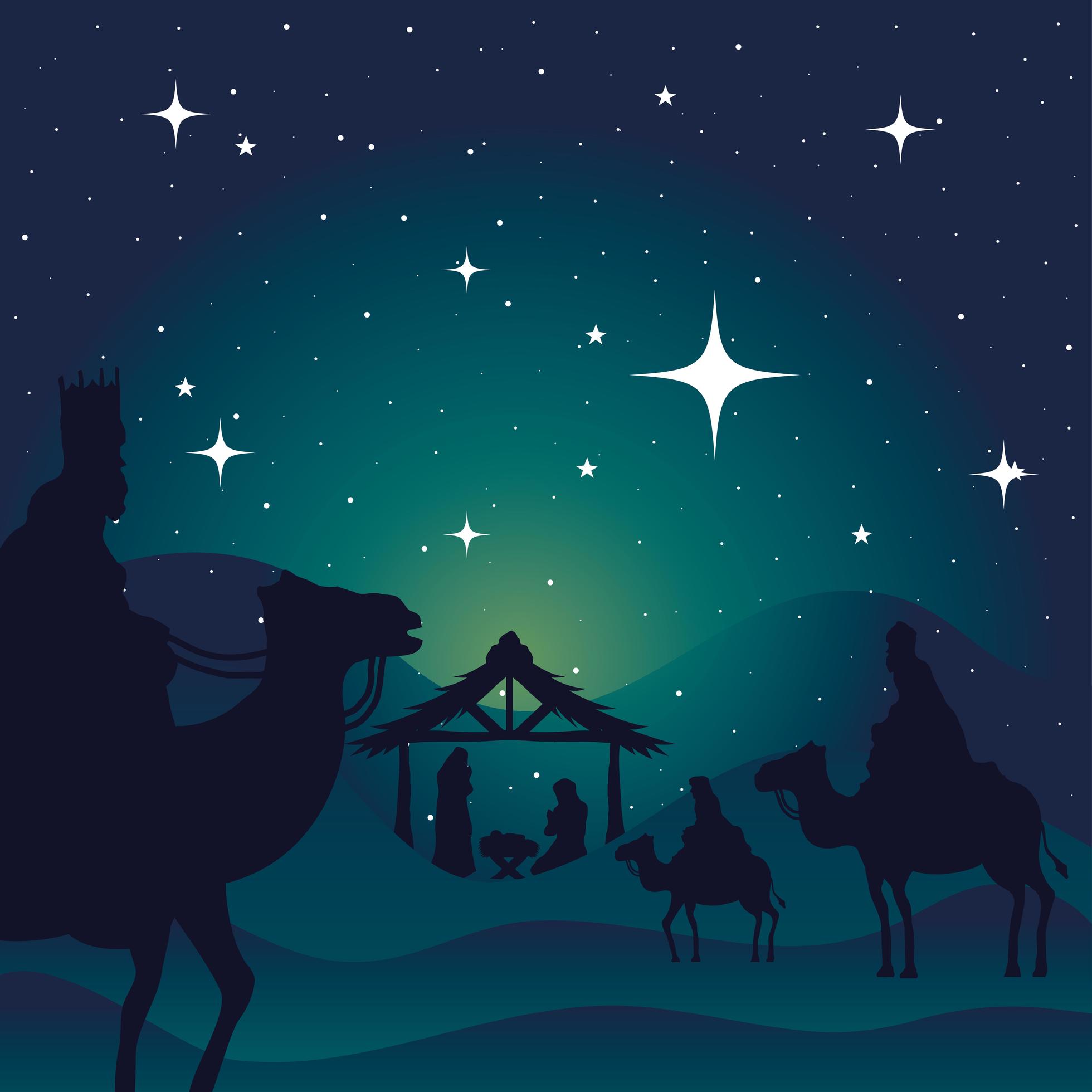 nativity mary joseph baby and wise men on green background vector ...