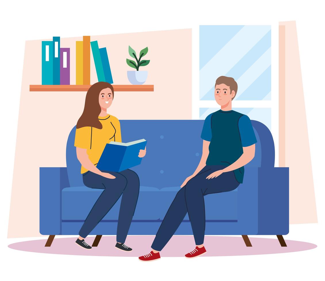 mujer y hombre leyendo un libro en casa diseño vectorial vector