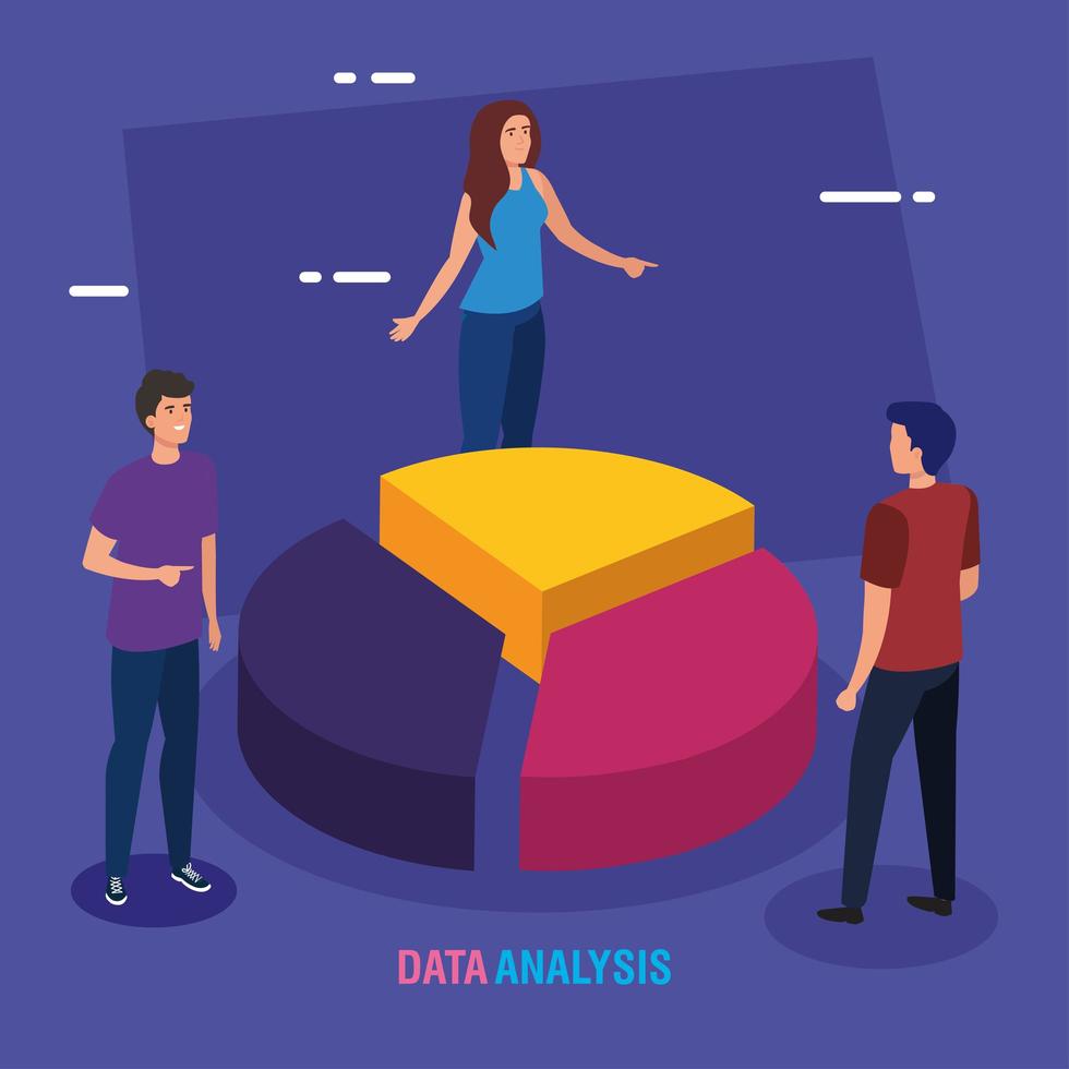 Data analysis cake chart woman and men vector design