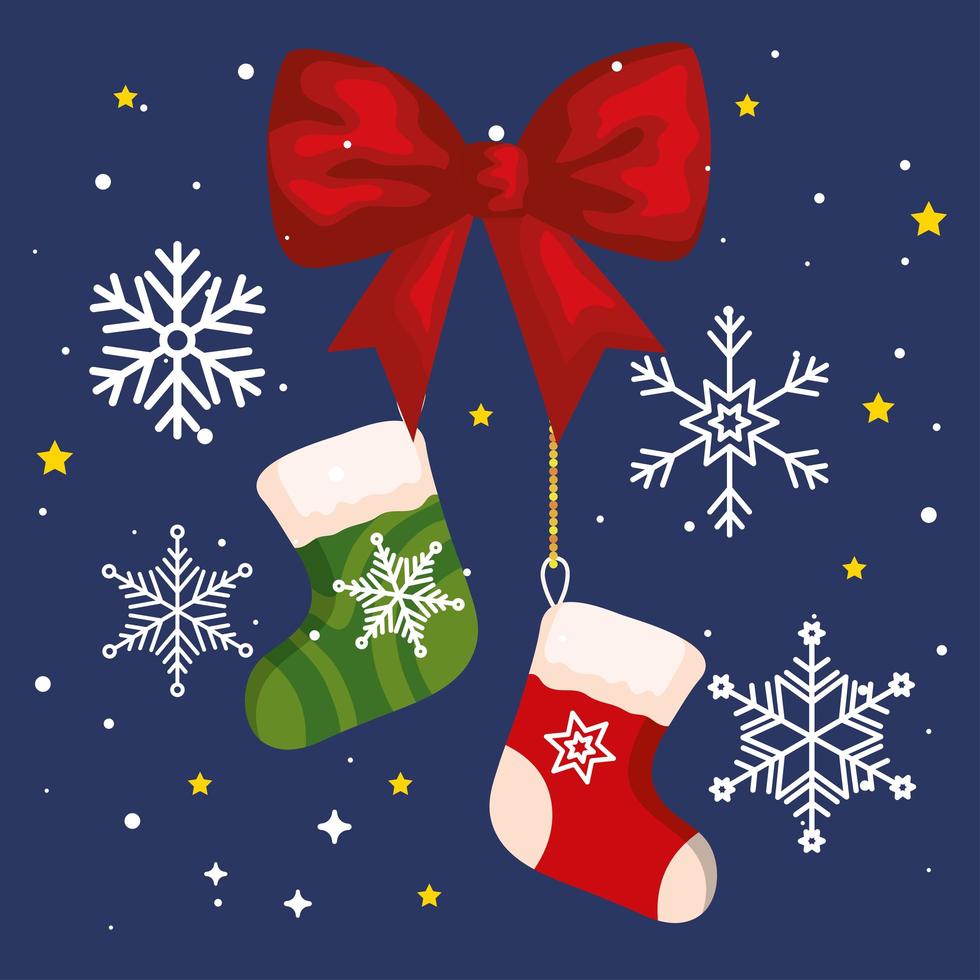 calcetines navideños con cinta de lazo y banner de copos de nieve de año nuevo y feliz celebración navideña vector