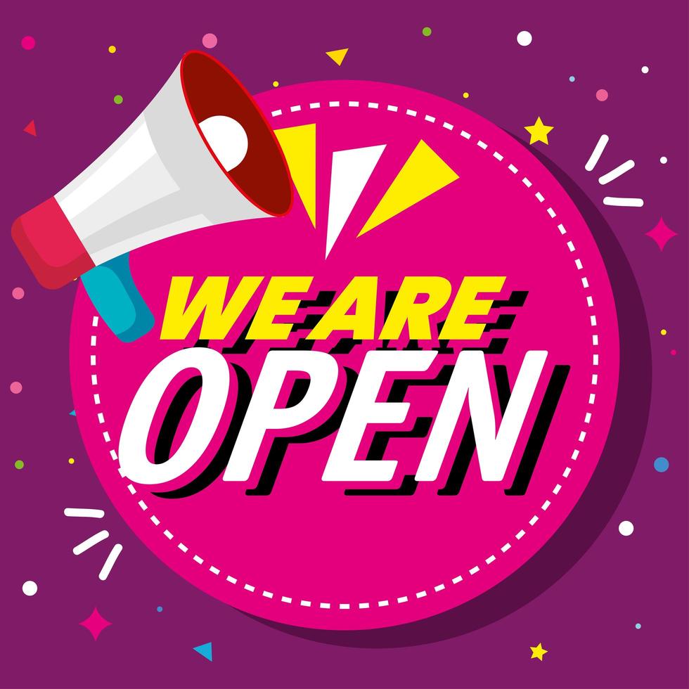 banner lettering we are open with megaphone in frame circular vector