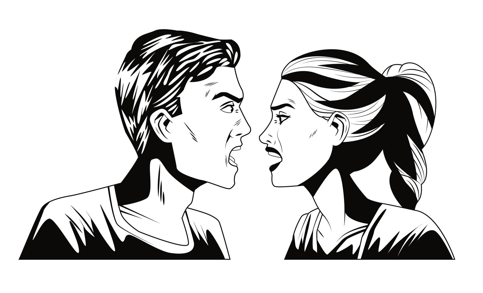 pareja joven monocromo personajes enojados estilo pop art vector