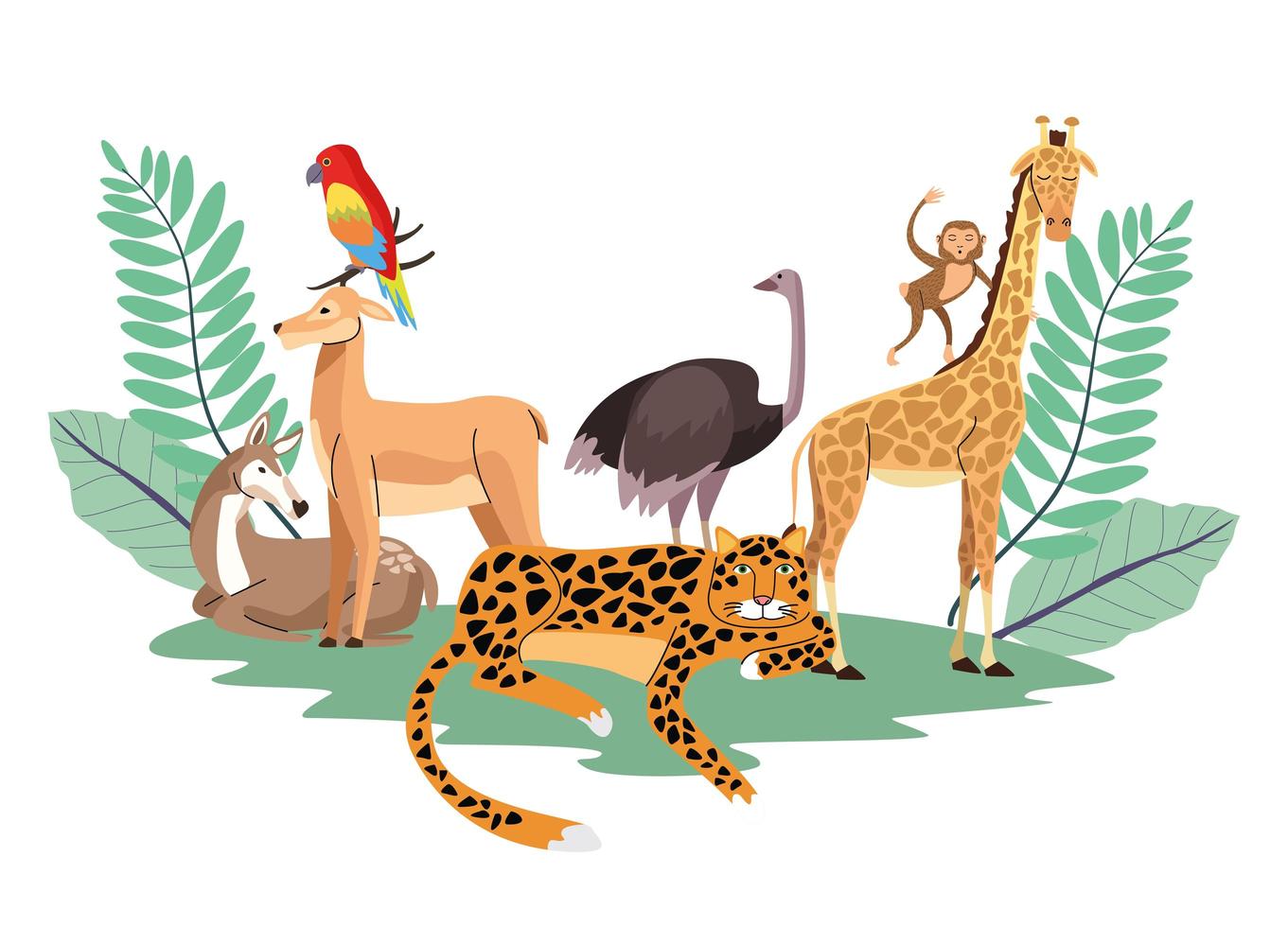 wild animals group with leafs plants scene vector