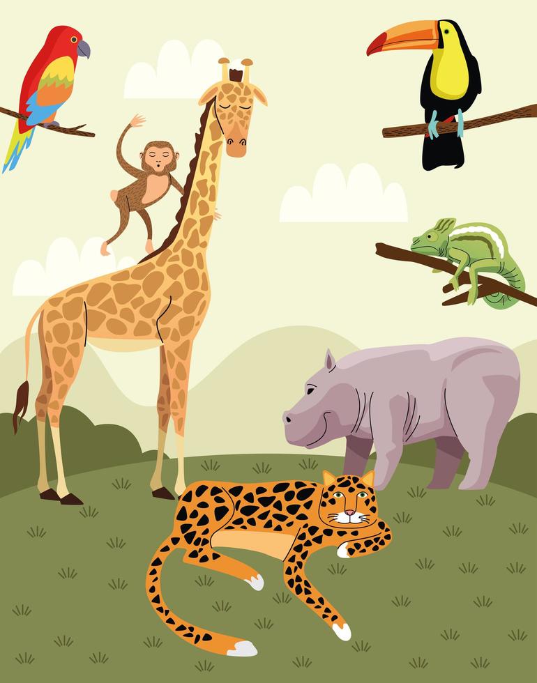 wild animals group in the field scene vector