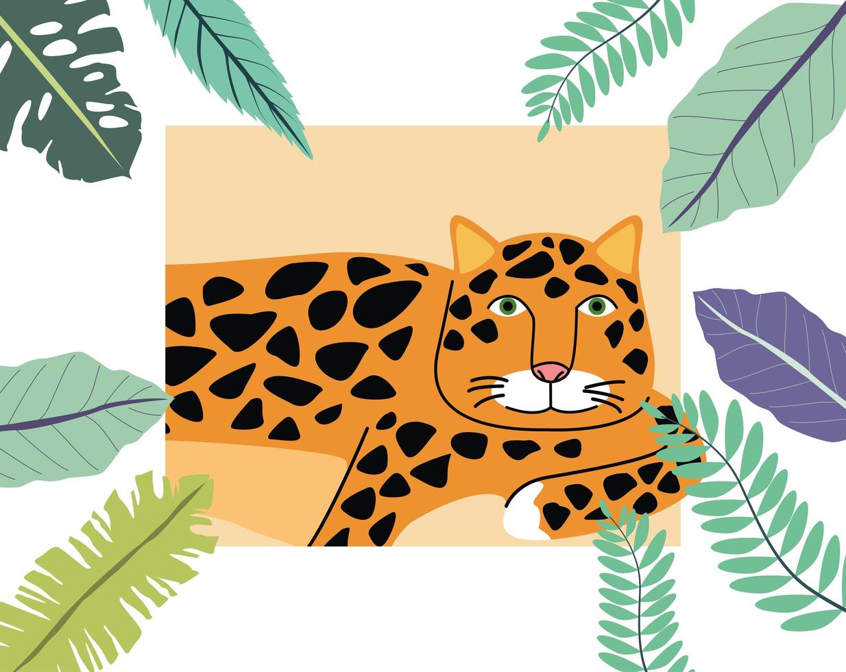 leopardo salvaje con escena de hojas vector