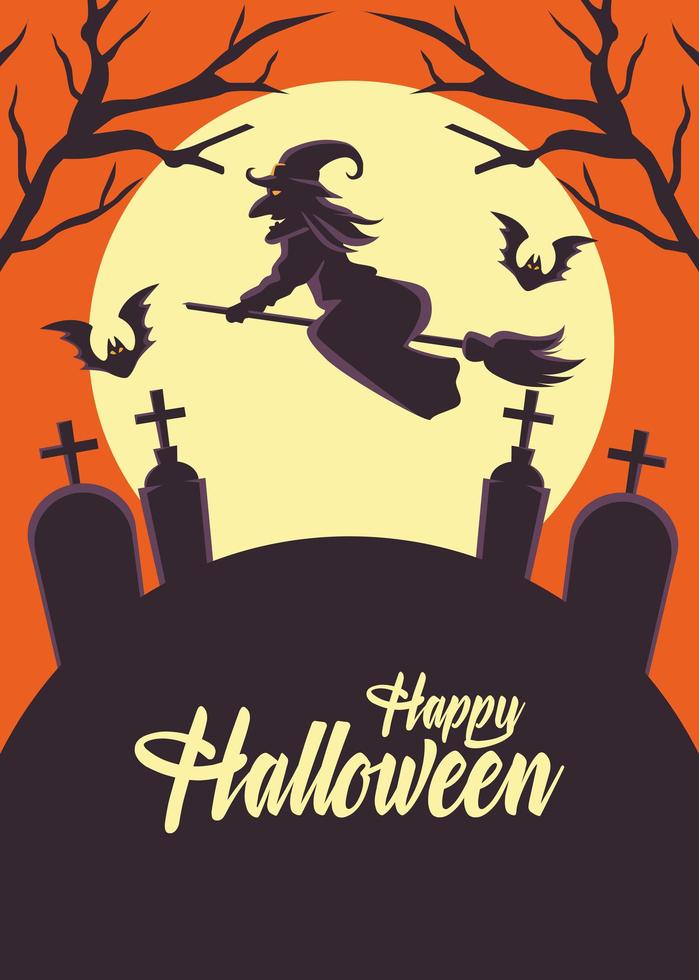 happy halloween card with witch flying in broom over cemetery vector