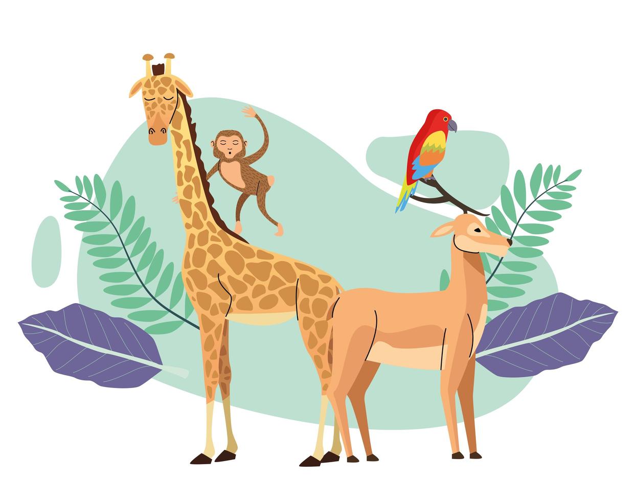 wild animals group with leafs plants scene vector