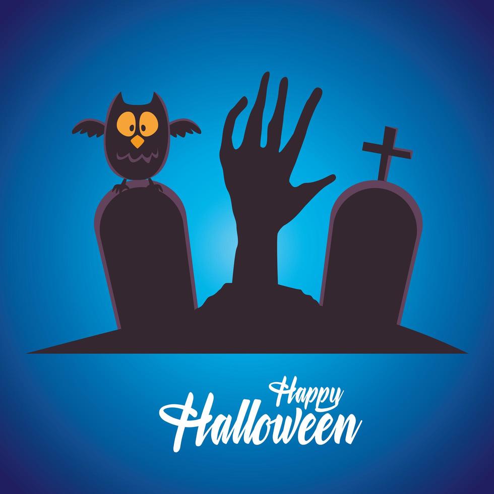 happy halloween card with hand death and owl in cemetery vector