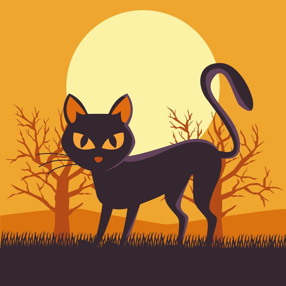 happy halloween card with black cat scene vector