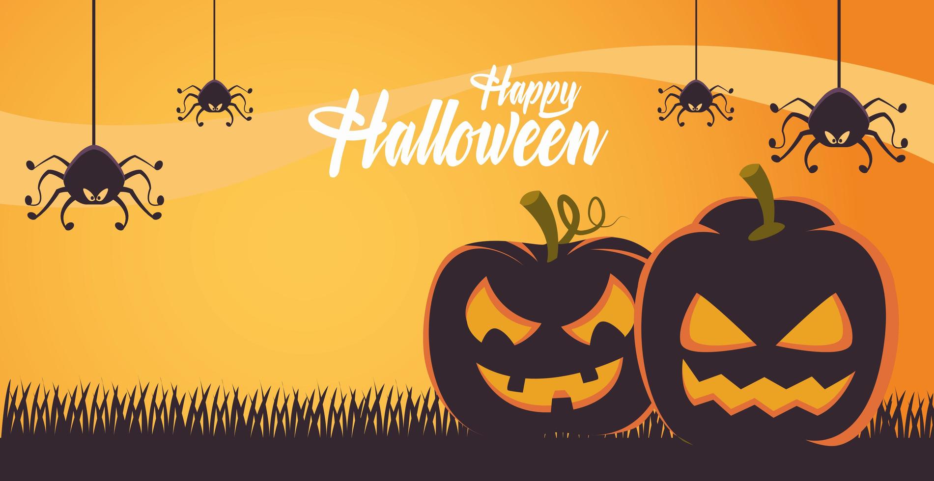 happy halloween card with pumpkins and spiders scene vector