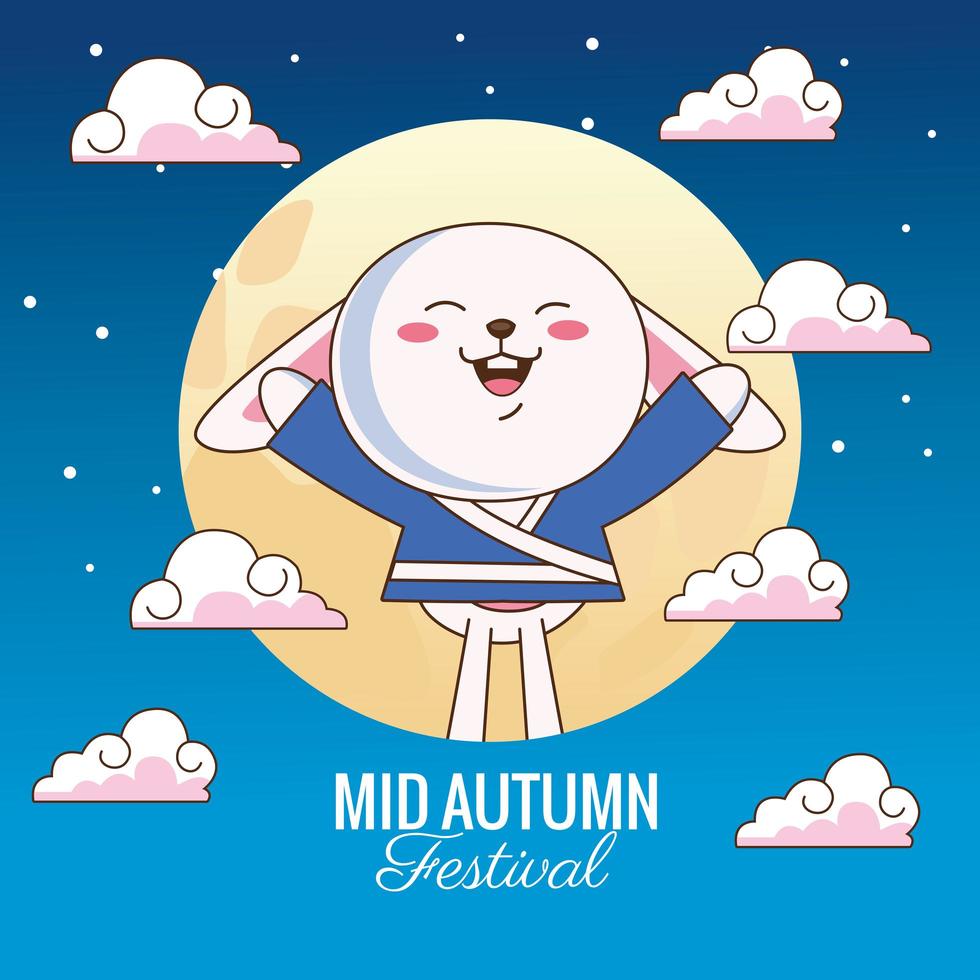 mid autumn celebration card with little rabbit and moon in clouds vector