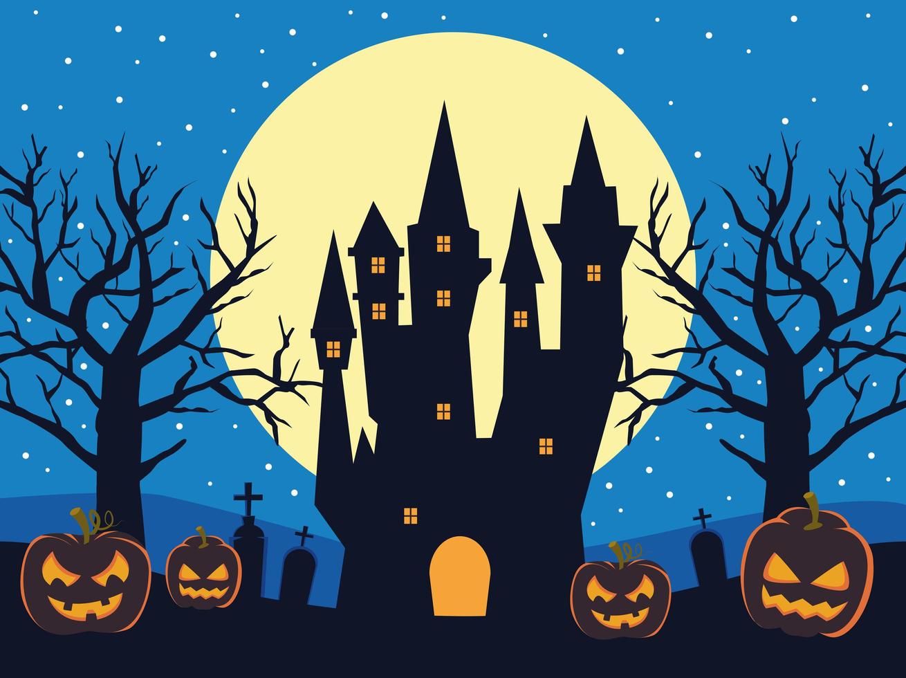 tarjeta de feliz halloween con castillo embrujado y calabazas vector