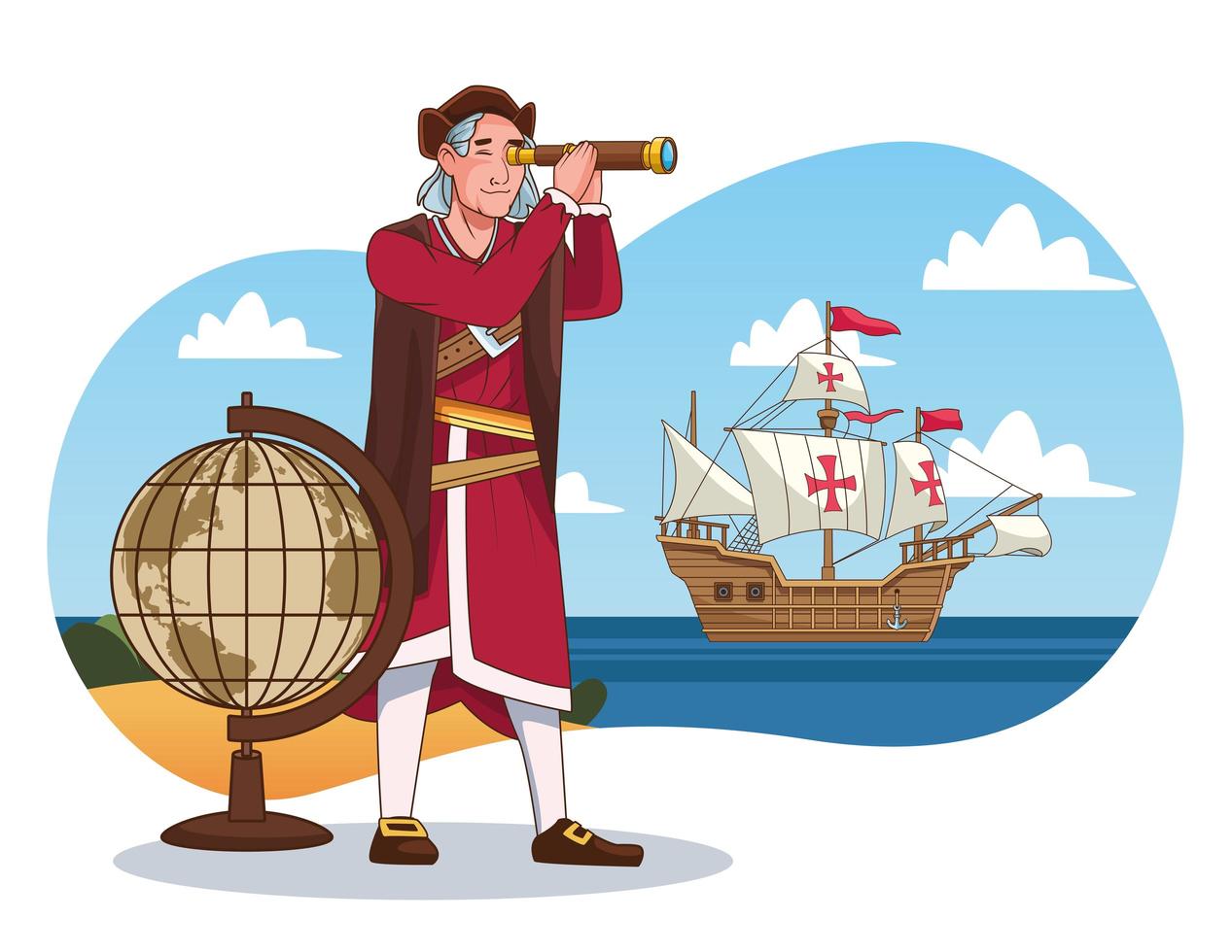 Columbus day celebration scene of christopher using telescope and caravel scene vector