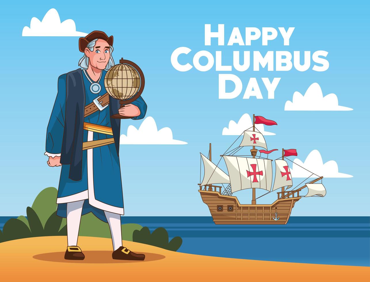 Columbus day celebration scene of christopher lifting world map on the beach vector