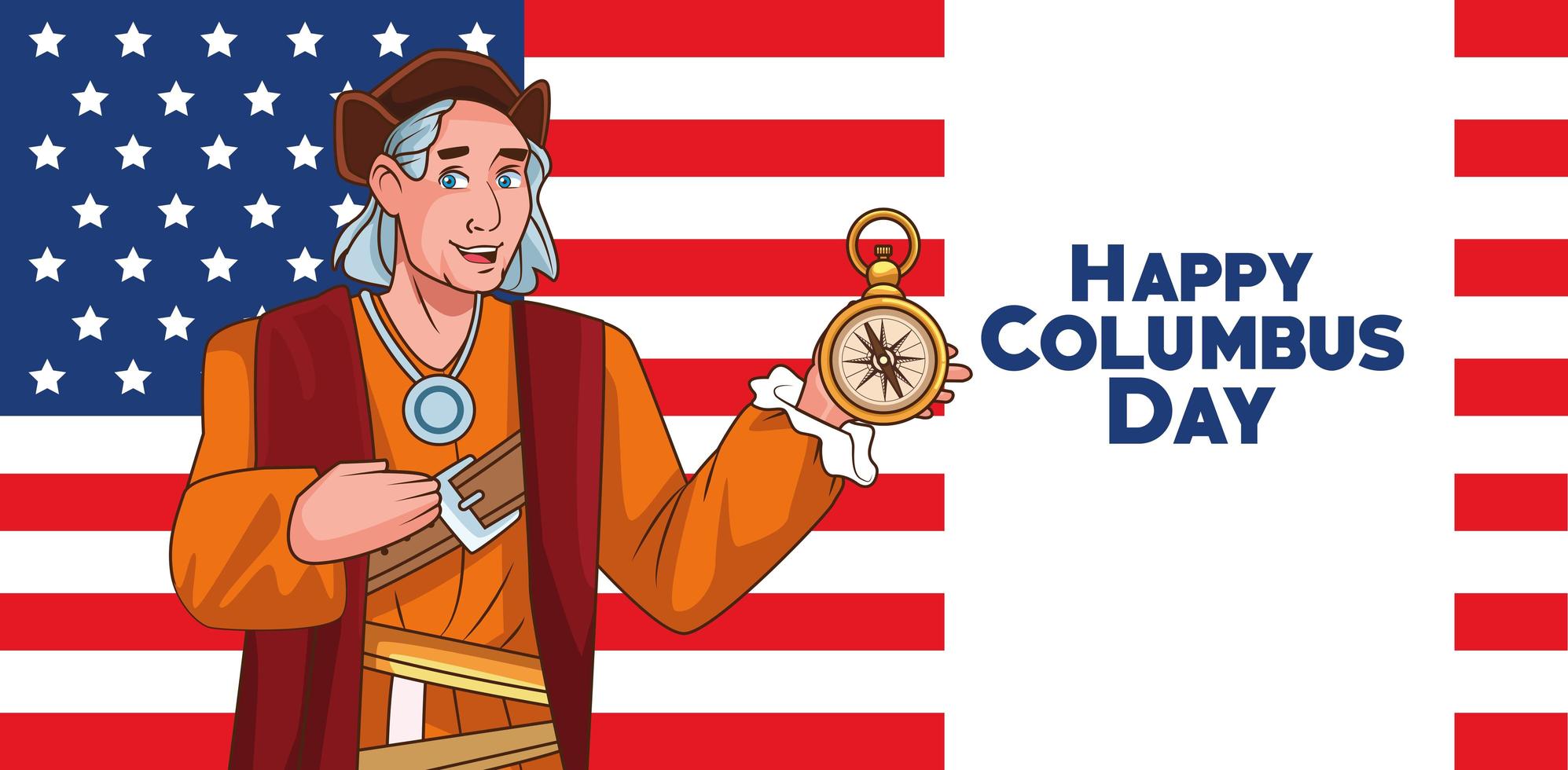 Columbus day celebration scene of christopher lifting compass guide and flag usa vector