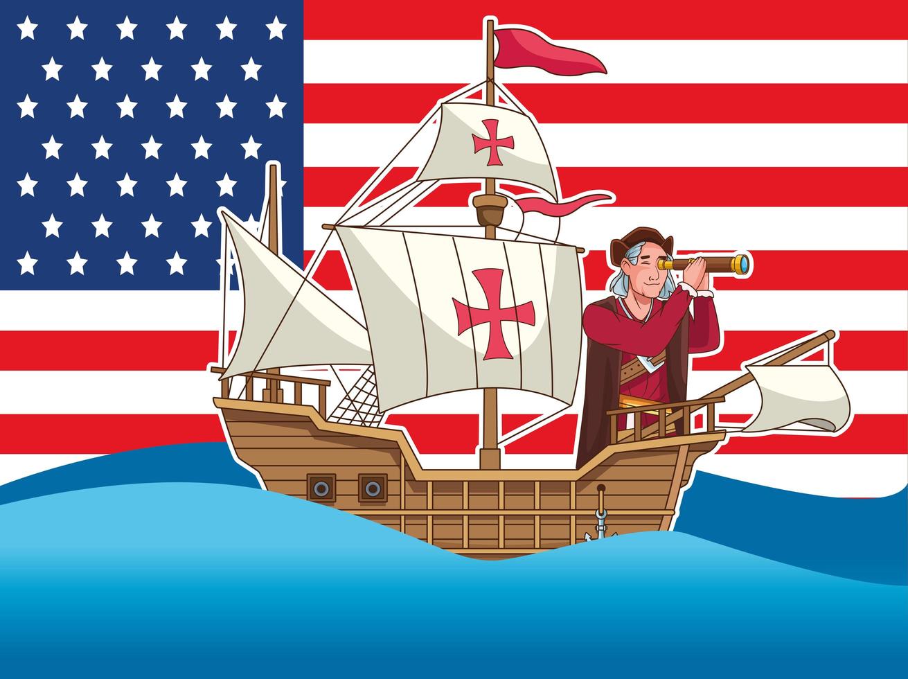 Columbus day celebration scene of christopher using telescope scene vector