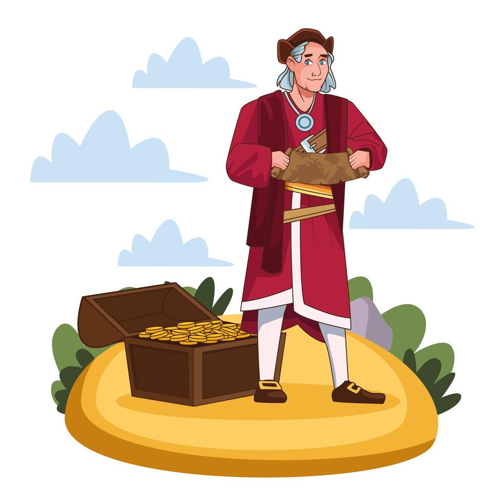 Columbus day celebration scene of christopher lifting paper map and threasure chest vector