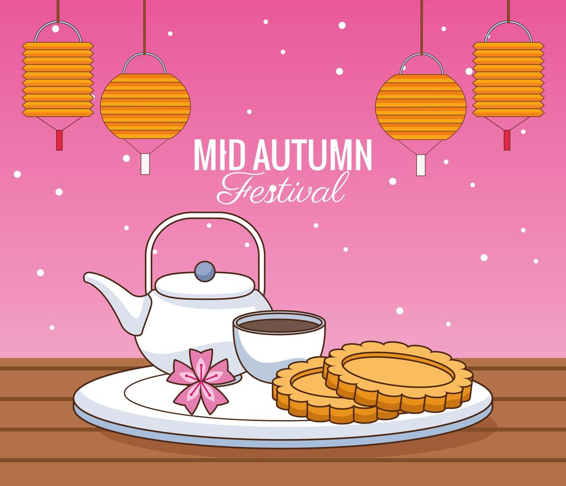 Letras de tarjeta de celebración de mediados de otoño con galletas y té vector