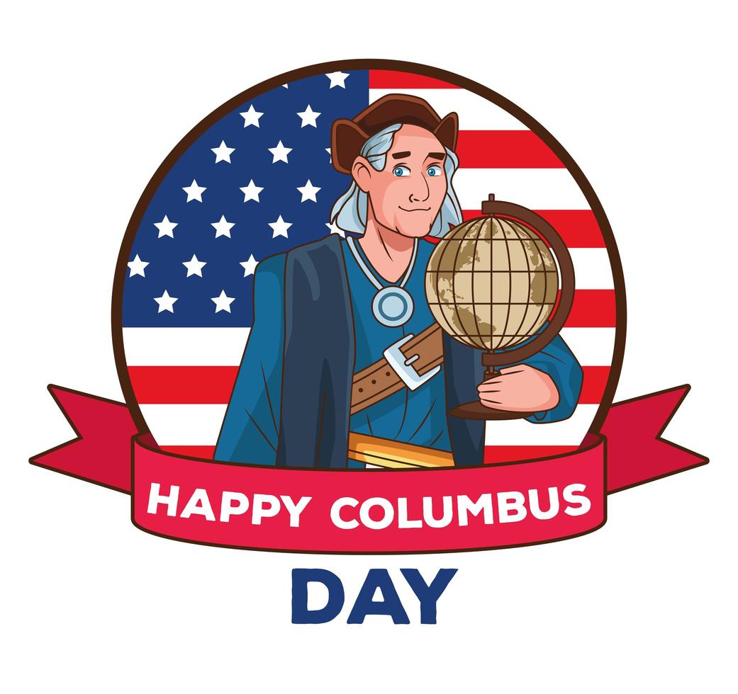 Columbus day celebration scene of christopher lifting world map and usa flag vector