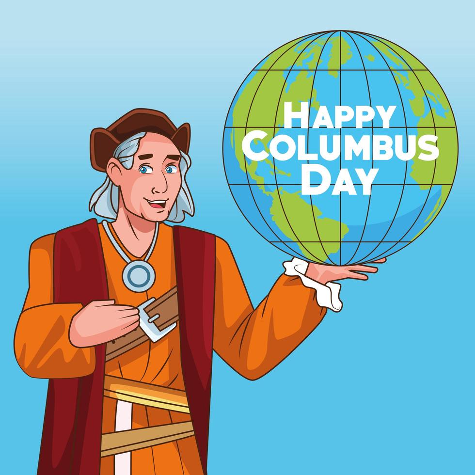 Columbus day celebration scene of christopher lifting globe earth vector
