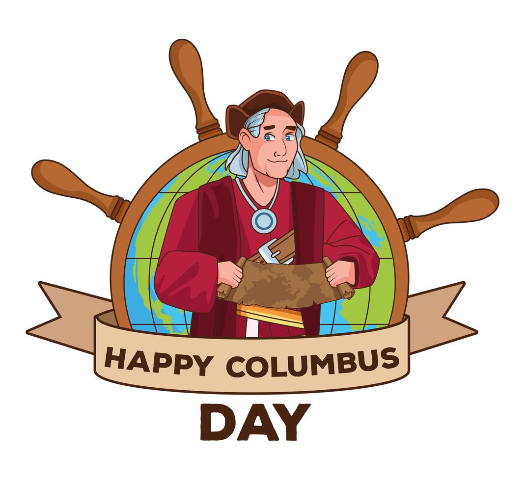 Columbus day celebration scene of christopher lifting paper map guide scene vector