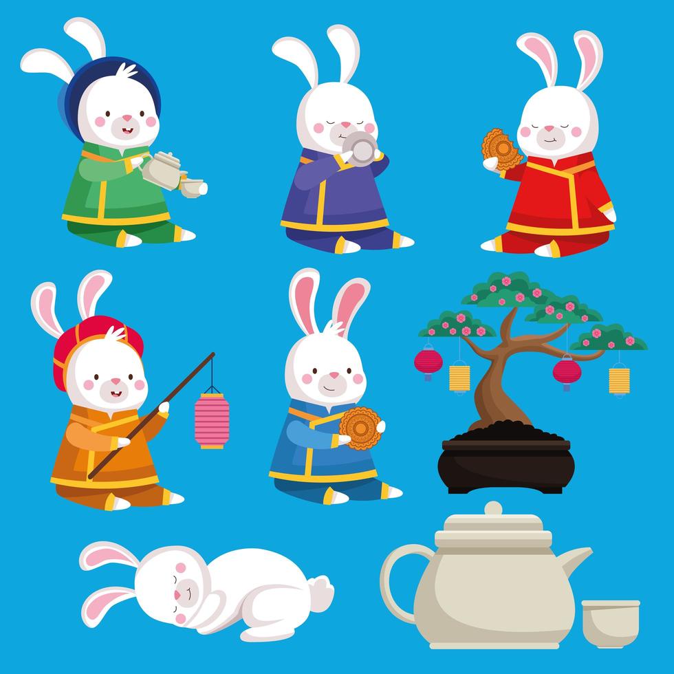 mid autumn celebration card with rabbits and bonsai icons vector