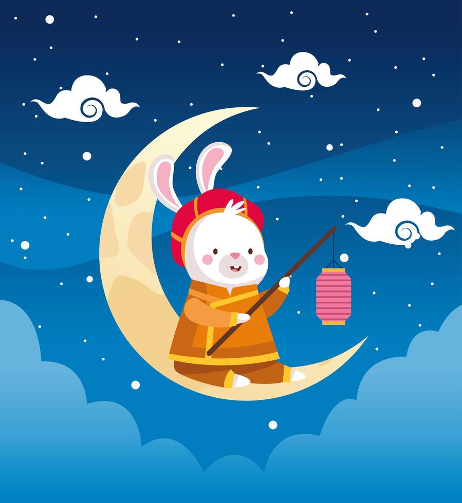 mid autumn celebration card with rabbit in crescent moon vector